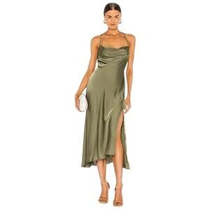 ASTR The Label Gaia Satin Midi Dress Sage Green Cowl Neck Slit Size Small NWOT